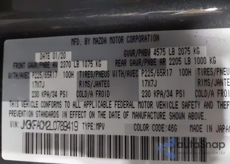 2020 Mazda Cx-5 Touring z USA, uszkodzony, nr VIN JM3KFACM2L0789419